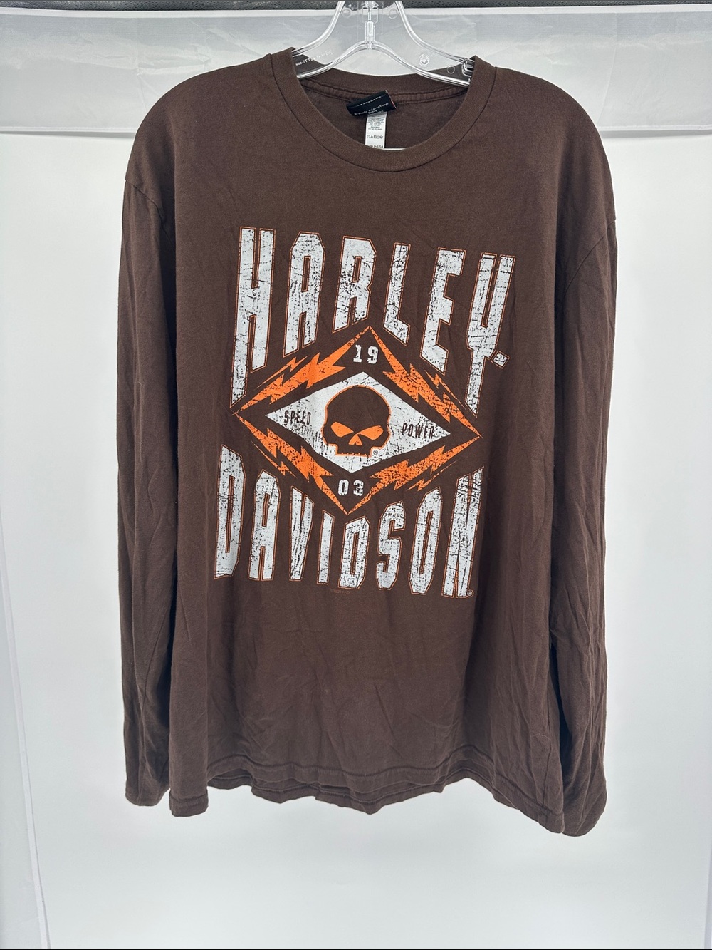 Harley-Davidson Brown Long Sleeve Graphic Skull Tee with Orange Accents